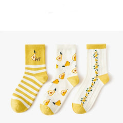 Three Pairs Of Women's Cartoon Food Printed Cotton Socks - Fashionner