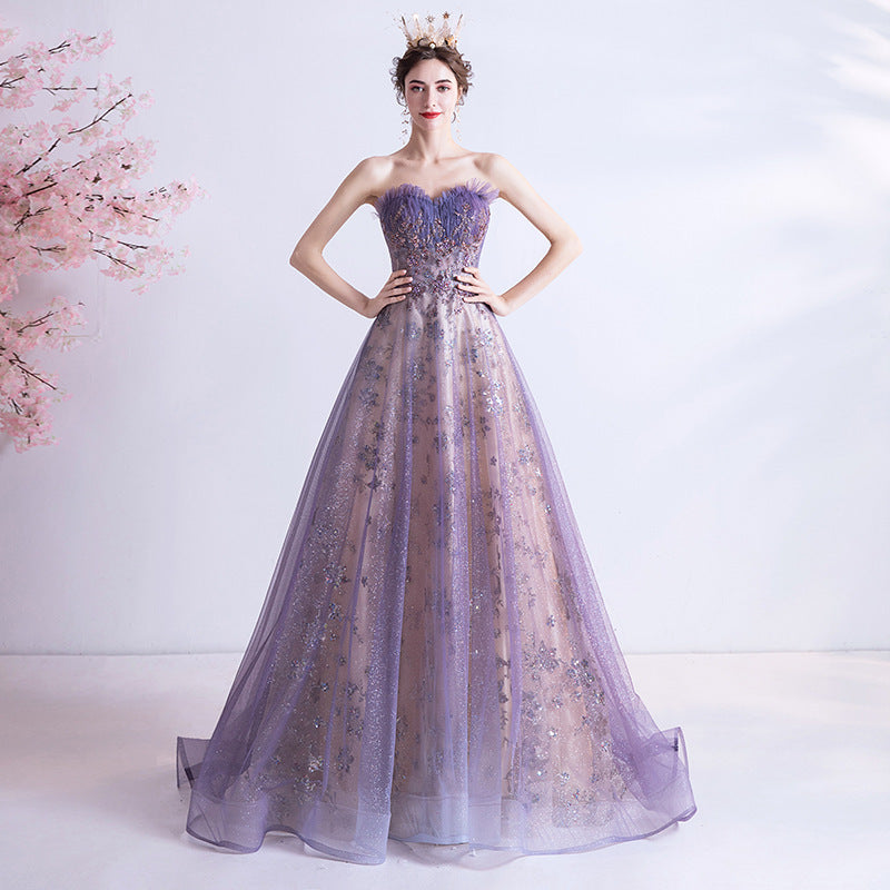 Strapless Purple Sequin Starry Dress Wedding Dress - Fashionner