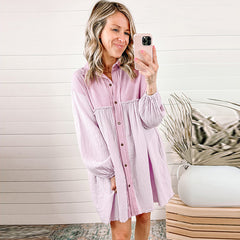 Thin Patchwork Pleated Long Sleeve Dress - Fashionner