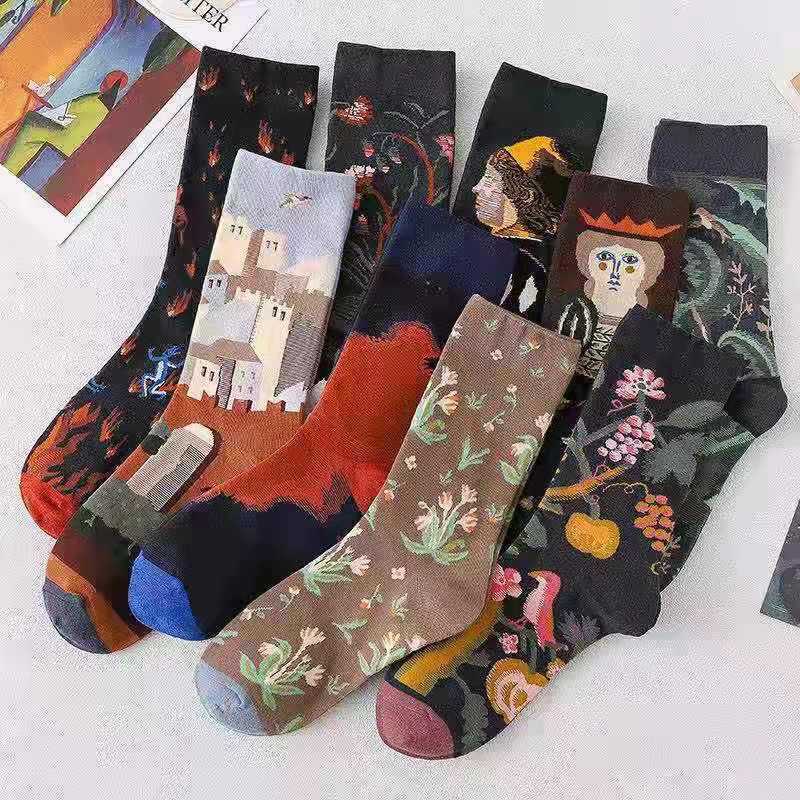 Trendy Mid-calf Length Socks Preppy Style Stockings Artistic Illustration Socks - Fashionner