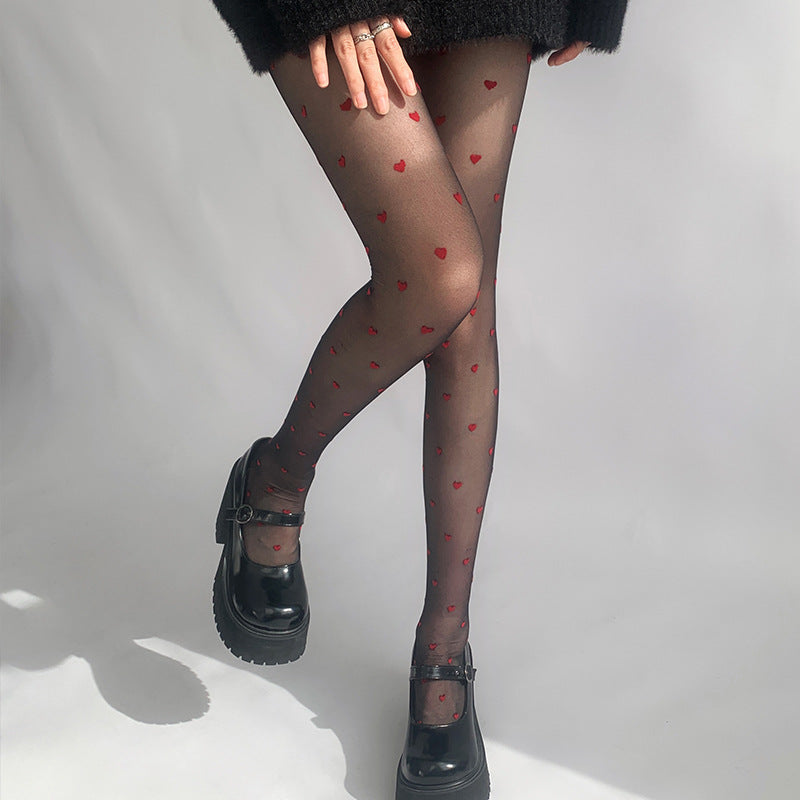 Red Small Love Stockings Ultra-thin Transparent Black Silk Polka Dot Pantyhose Anti-snagging - Fashionner