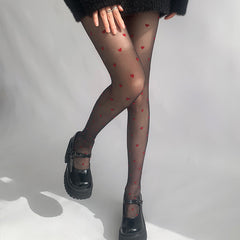 Red Small Love Stockings Ultra-thin Transparent Black Silk Polka Dot Pantyhose Anti-snagging - Fashionner
