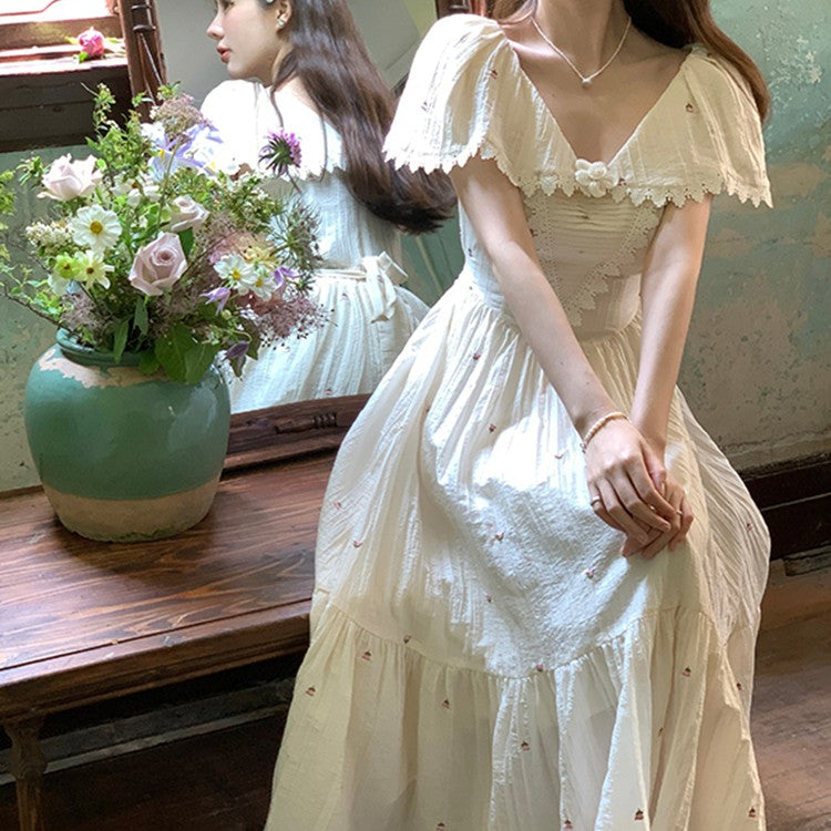 French Vintage Embroidered Floral Dress - Fashionner