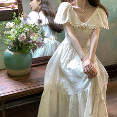 French Vintage Embroidered Floral Dress - Fashionner