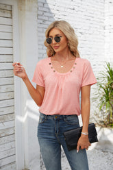 Women's Short-sleeved T-shirt Summer Button Square Collar Pleated Design Solid Color Loose T-shirt Womens Clothing - Fashionner