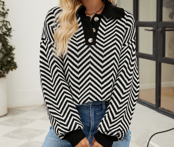 Fashionable striped knit sweater for women with long sleeved color matching lapel sweater for women - Fashionner