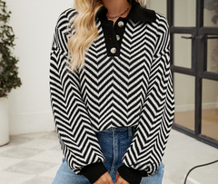 Fashionable striped knit sweater for women with long sleeved color matching lapel sweater for women - Fashionner