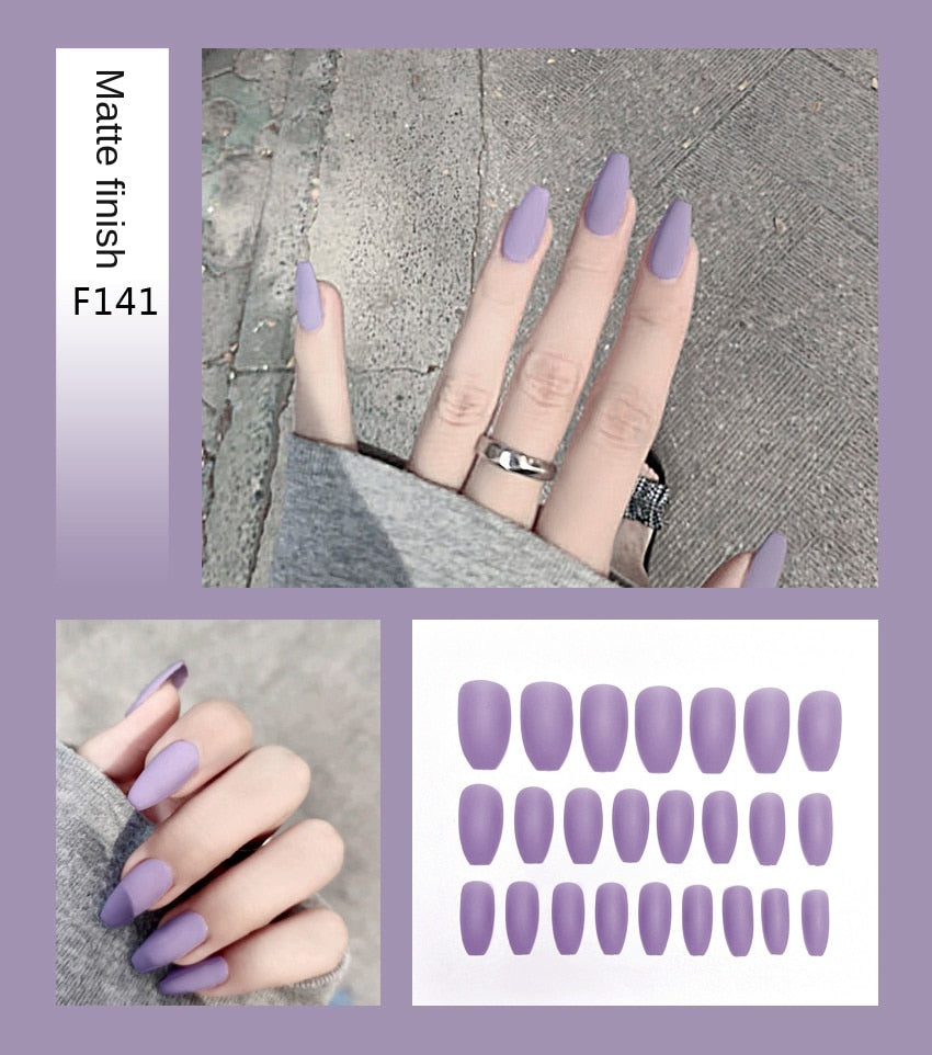 Nail Art Fake Nails Stiletto Tips Clear Press on Long False with Glue Coffin Stick Display Full Cover Artificial Designs Matte - Fashionner
