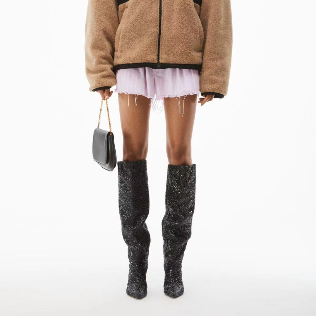 European And American Style Square Toe Cowboy Boot Women's Casual Pleated Pile Style Boots Stiletto Heel - Fashionner