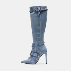 Metal Leathern Pointed Stiletto Heel High Leg Boot Rivet - Fashionner
