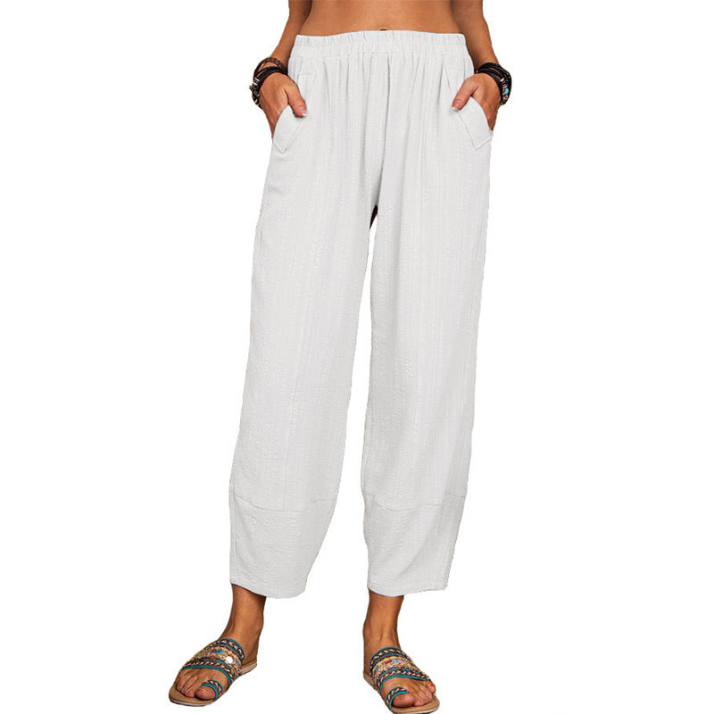 Women's Solid Color Loose Cotton And Linen Casual Pants Home - Fashionner