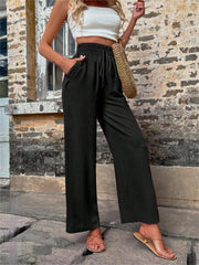 New Casual Pants With Pockets Elastic Drawstring High Waist Loose Trousers For Women - Fashionner