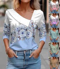 V-neck Long Sleeve T-shirt Floral Print Casual Women's Tops - Fashionner