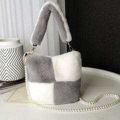 Checkerboard Plush Bucket Bag With Pearl Chain Design Winter Fashion Luxury Handbags For Women Personalized Shopping Shoulder Bags - Fashionner