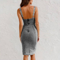 New U-neck Suspender Denim Dress Summer Casual Tight Slim Fit Dresses With Slit Design Womens Clothing - Fashionner