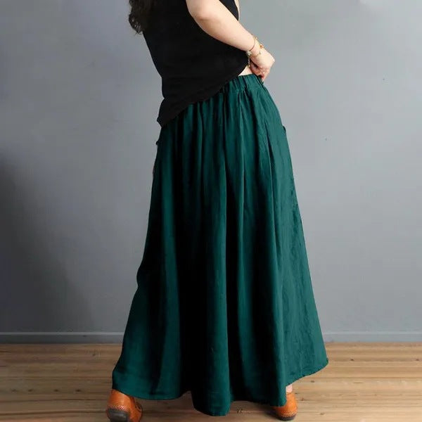 Retro Artistic Style Loose Elastic Waist Color Matching Cotton And Linen Skirt Slimming A- Line Skirt - Fashionner