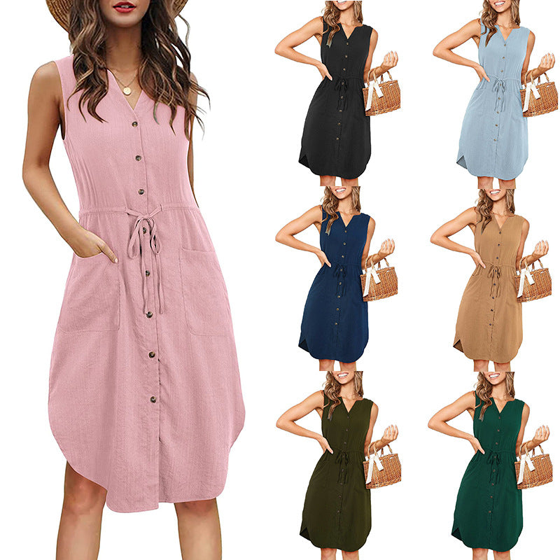Sleeveless V-neck Buttoned Dress With Pockets Fashion Casual Waist Tie Design Summer Dress Womens Clothing - Fashionner