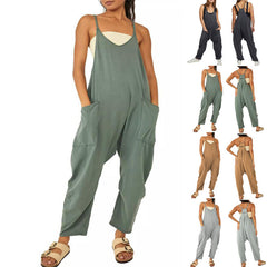Summer Women's Loose Sleeveless Jumpsuits Spaghetti Strap Long Pant Romper Jumpsuit With Pockets Zipper - Fashionner