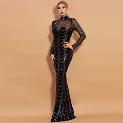 Sequins Women Maxi Dresses Long Sleeve Female Party Dresses - Fashionner