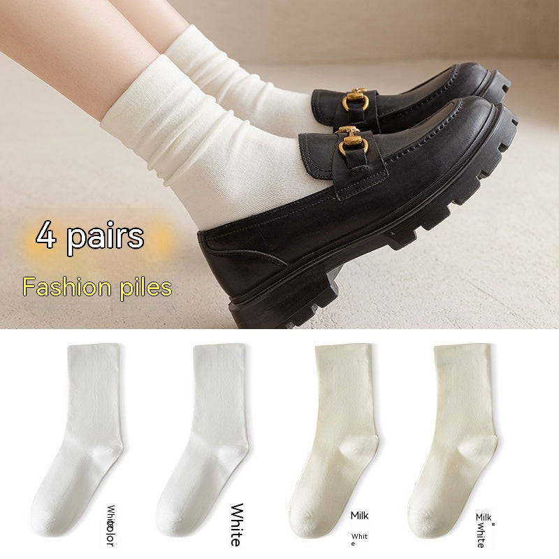 White Women's Mid-tube Socks Solid Color - Fashionner