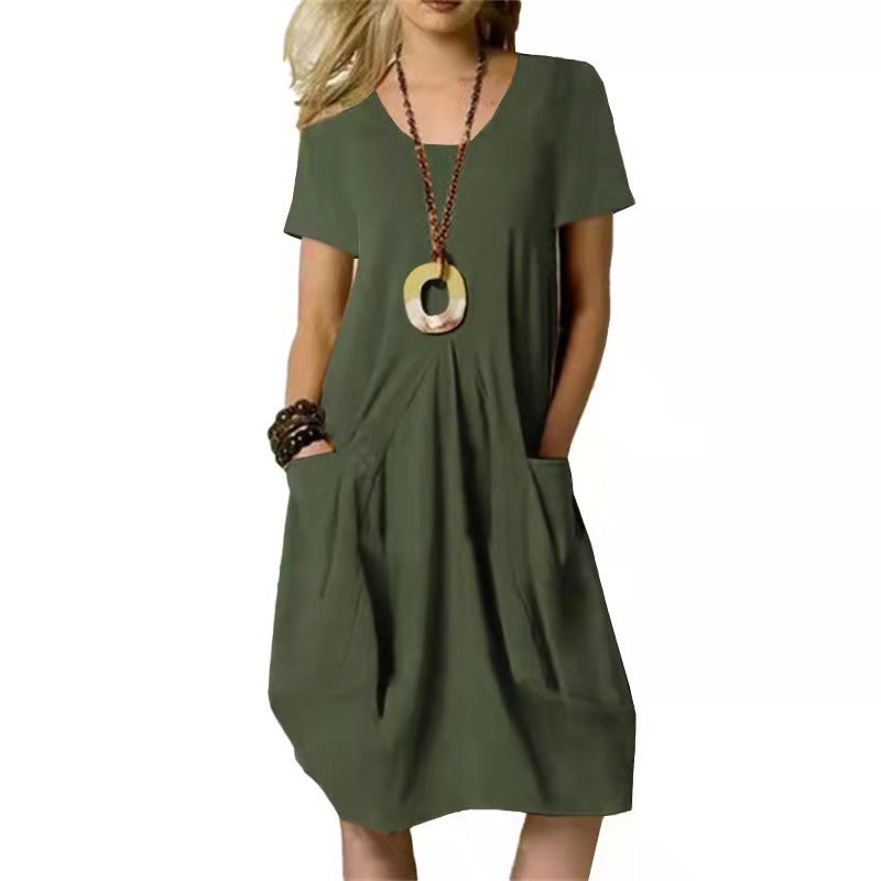 Women's Dress With Pockets Cotton Linen Solid Color Loose Round Neck Short Sleeve Dress Summer - Fashionner