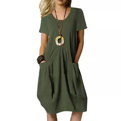 Women's Dress With Pockets Cotton Linen Solid Color Loose Round Neck Short Sleeve Dress Summer - Fashionner