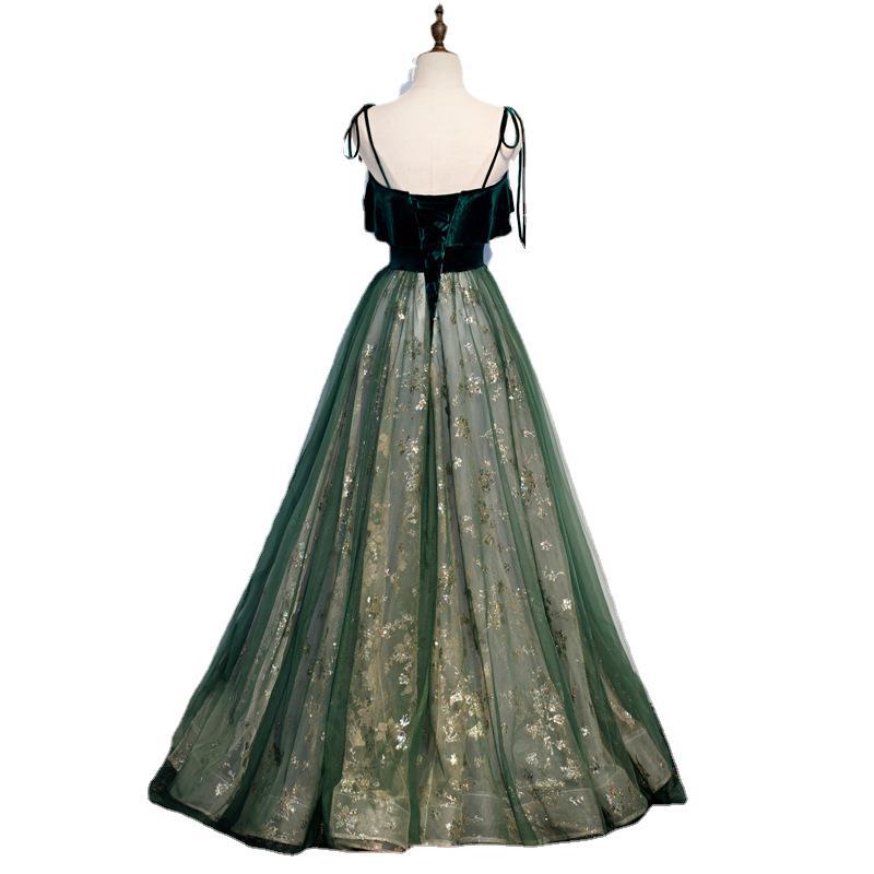 Banquet Sling Temperament Long Dress Dark Green Fantasy Mori - Fashionner
