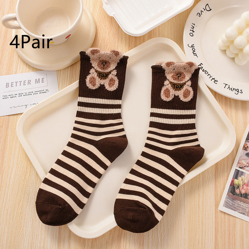 Women's Fashionable Hundred Feather Yarn Bear Mid Calf Socks - Fashionner
