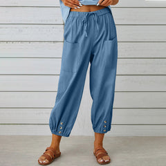 Women Drawstring Tie Pants Spring Summer Cotton And Linen Trousers With Pockets Button - Fashionner