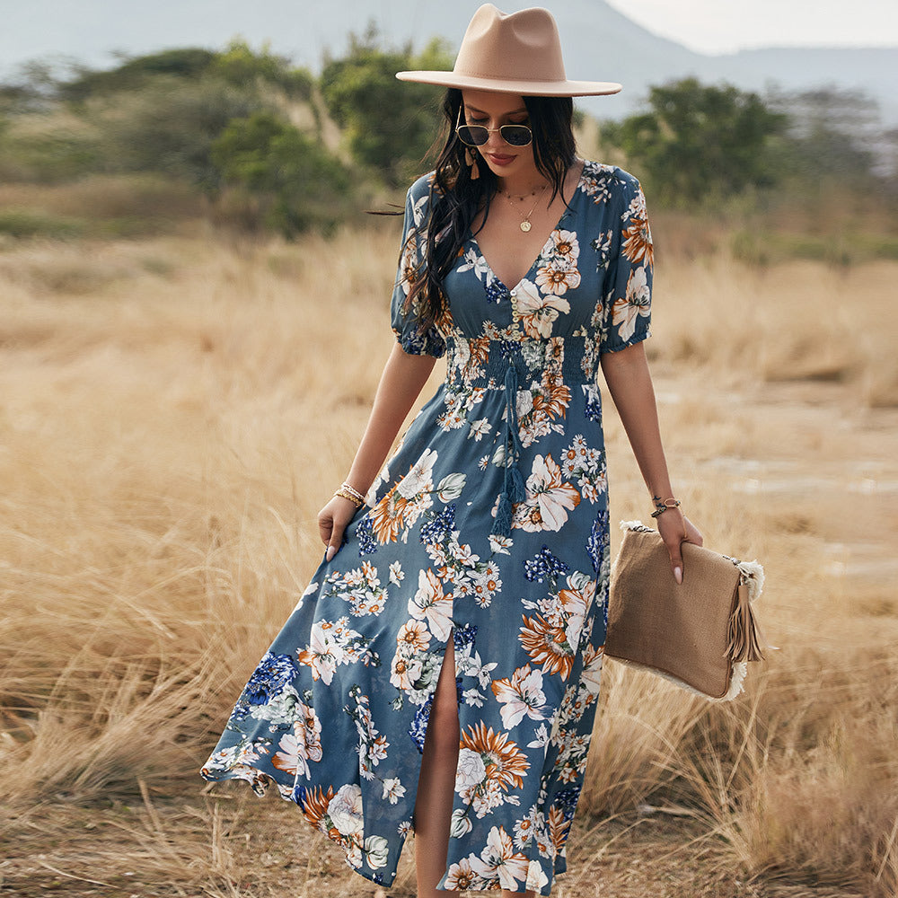 Floral Summer Beach Dress With V Neck Elastic Waist Dresses For Women - Fashionner
