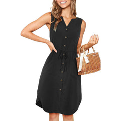Sleeveless V-neck Buttoned Dress With Pockets Fashion Casual Waist Tie Design Summer Dress Womens Clothing - Fashionner