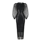 Lantern Sleeves Stretch Sequin Party Mid-length Dresses For Women - Fashionner