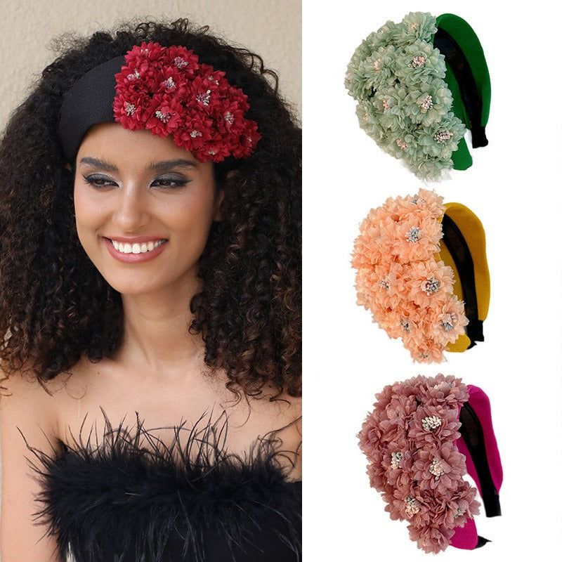 Flower series fashionable and exaggerated wide edge handmade fabric headband - Fashionner