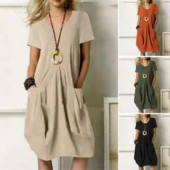 Women's Dress With Pockets Cotton Linen Solid Color Loose Round Neck Short Sleeve Dress Summer - Fashionner