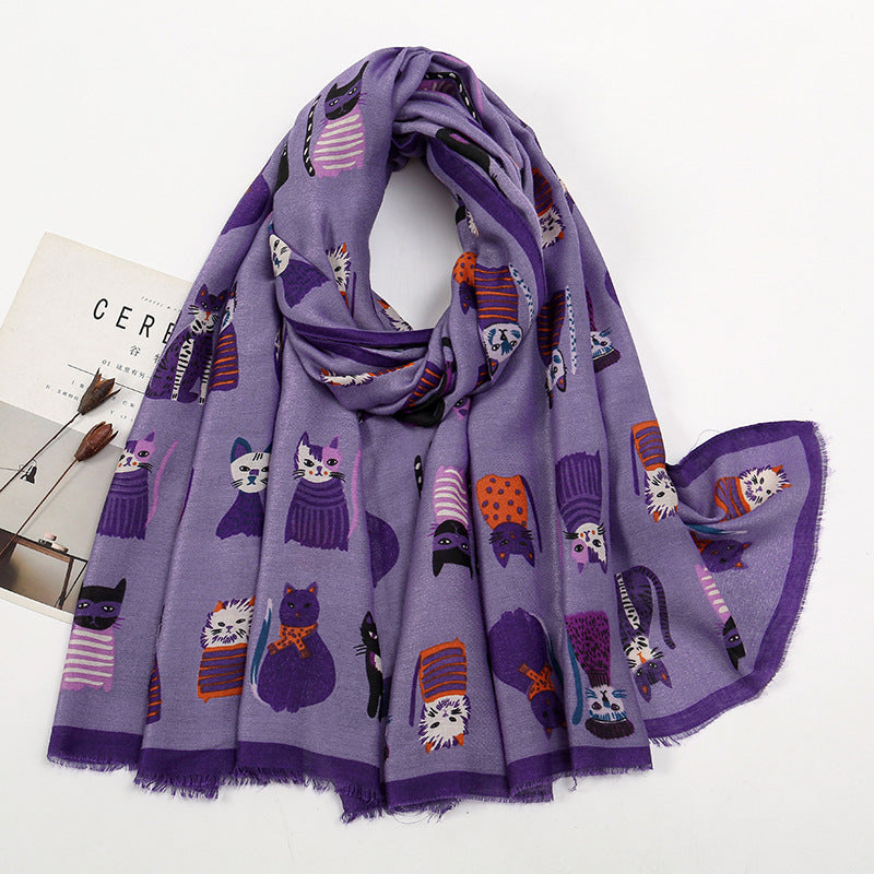 Autumn And Winter Polyester Long Scarf Female Cartoon Cat - Fashionner