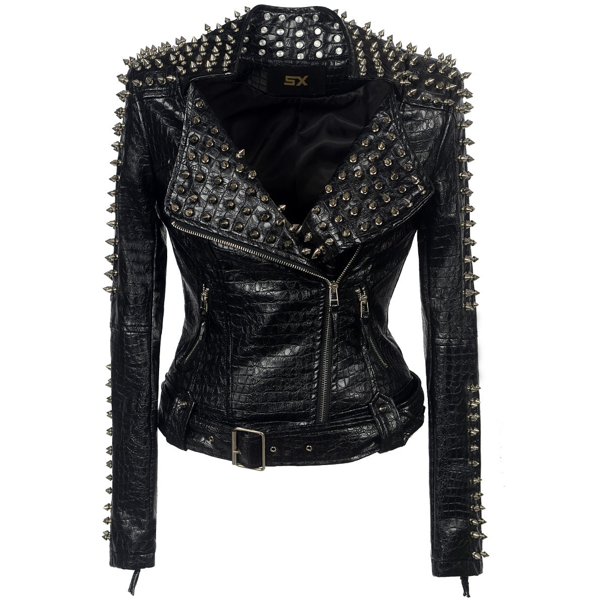 European And American Plus Size Rivet Short Stitching Motorcycle Leather Coat - Fashionner