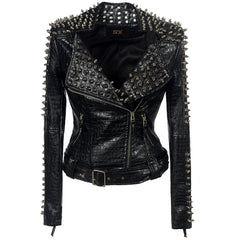 European And American Plus Size Rivet Short Stitching Motorcycle Leather Coat - Fashionner