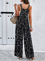 Fashion Print Square Neck Jumpsuit With Pockets Spring Summer Casual Loose Overalls Womens Clothing - Fashionner