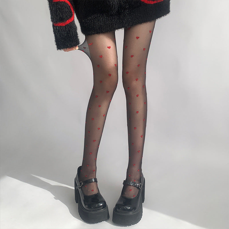 Red Small Love Stockings Ultra-thin Transparent Black Silk Polka Dot Pantyhose Anti-snagging - Fashionner