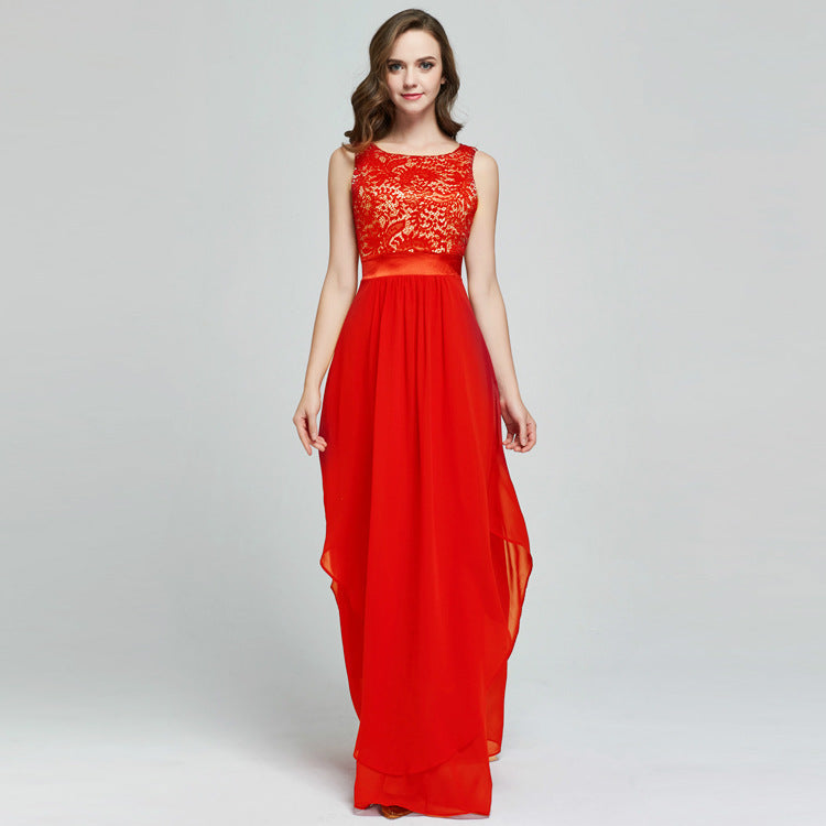 Lace spliced chiffon dress - Fashionner