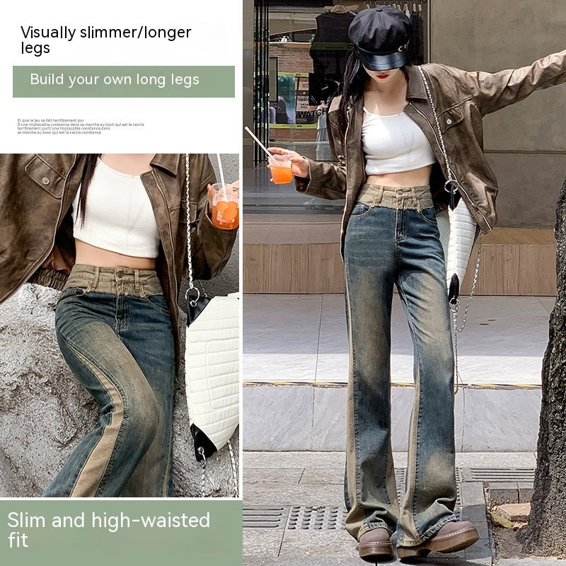 Patchwork Retro Contrast Color Flared Jeans - Fashionner