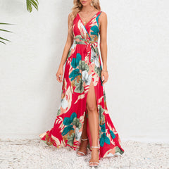 V-neck Floral Print Long Dress Summer Fashion Waist Tie Slit Design Sleeveless Dress For Womens Clothing - Fashionner
