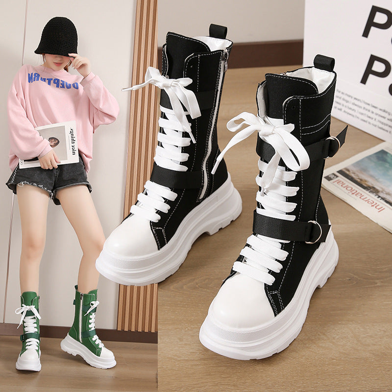 Women's Fashion Casual Platform Lace-up Canvas Boots - Fashionner