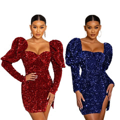 Sequin Backless Padded Shoulder Bubble Sleeve Party Dresses For Women - Fashionner