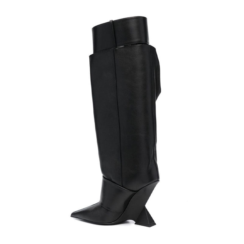 High-profile Wedge Sleeve Pointed Slip-on Strap Large Fastener Boots - Fashionner