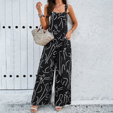 Fashion Print Square Neck Jumpsuit With Pockets Spring Summer Casual Loose Overalls Womens Clothing - Fashionner