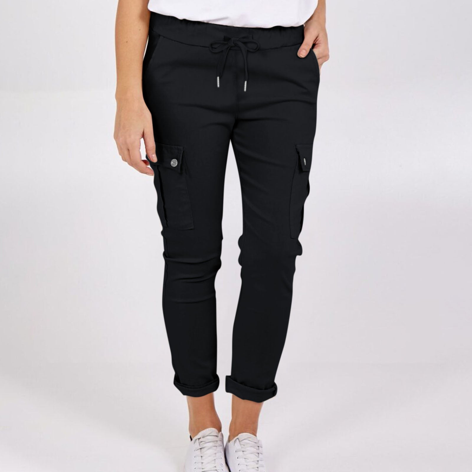 Casual Cargo Pants With Pockets Solid Color Drawstring Waist Pencil Trousers For Women - Fashionner
