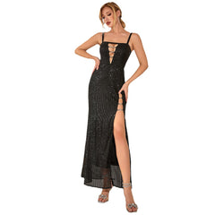 Elegant Elegant Hollow Out High Slit Sequin Sling Evening Party Dress - Fashionner