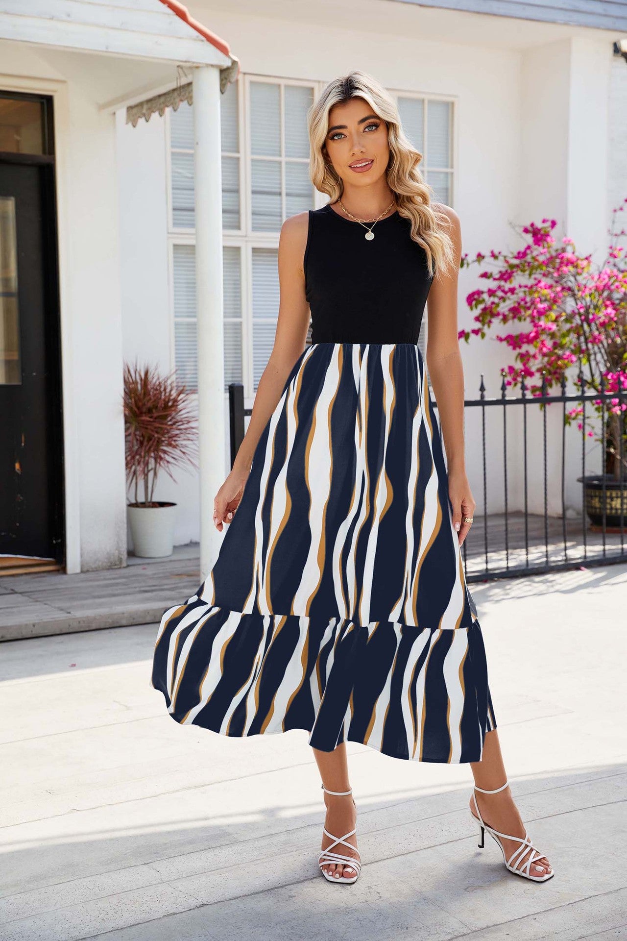 Round Neck Sleeveless Long Dress Summer Fashion Striped Print Dresses Womens Clothing - Fashionner