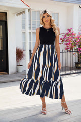 Round Neck Sleeveless Long Dress Summer Fashion Striped Print Dresses Womens Clothing - Fashionner